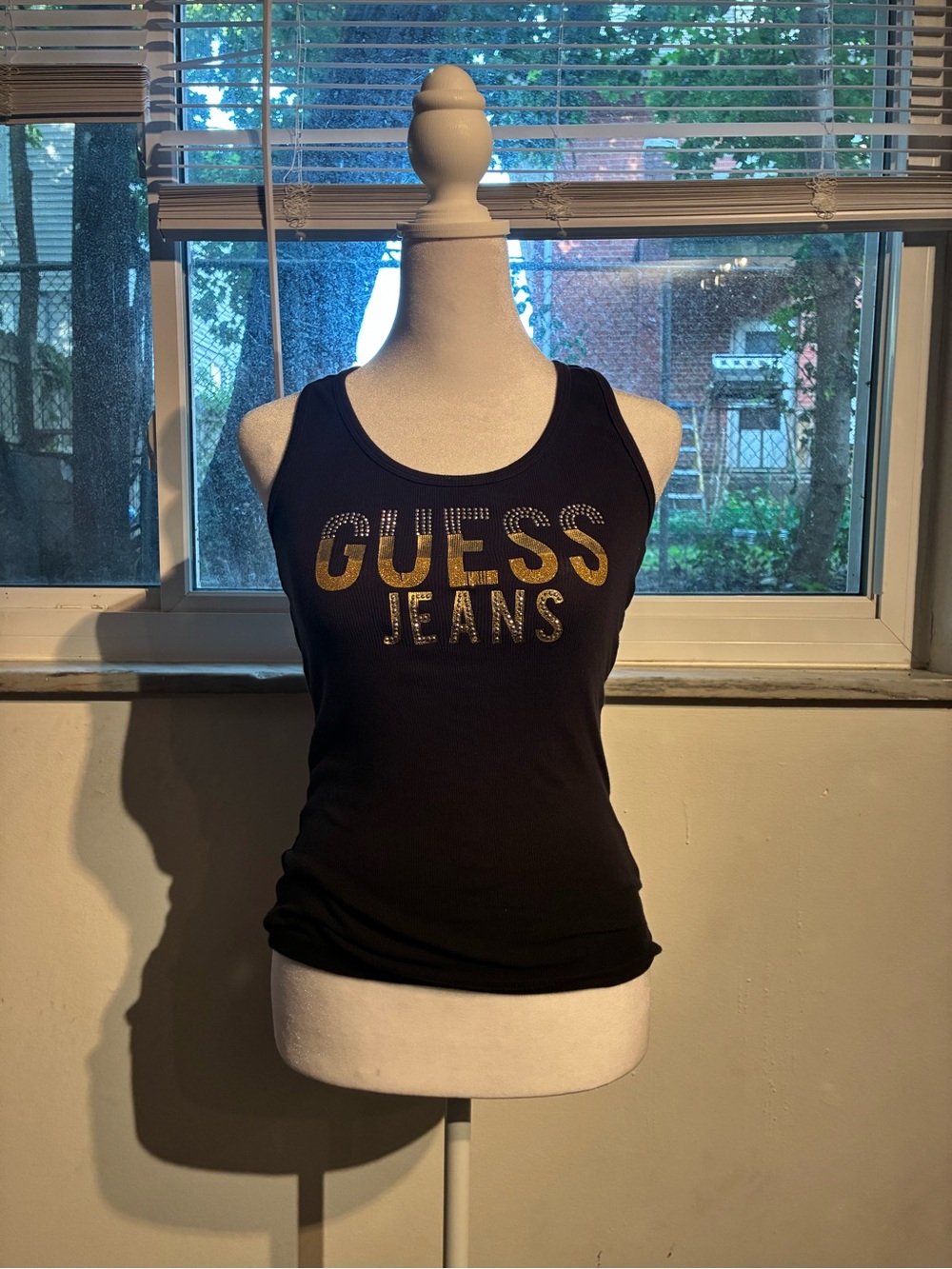 GUESS Black Tank Top with Gold Logo Studs
